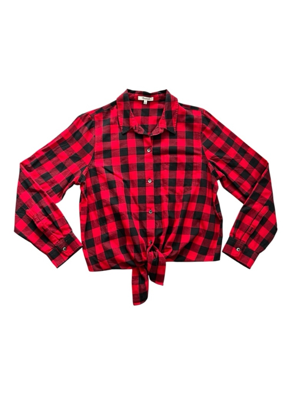 Madewell Red & Black Buffalo Plaid Tie-Front Button-Down Flannel Shirt Size XL